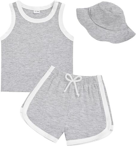 GRNSHTS Toddler Boy Girl 3 Piece Summer Outfit - Sleeveless Tank, Dolphin Shorts & Bucket Hat Set for Beach Playwear in Saudi Arabia