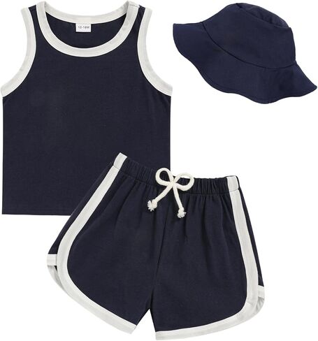 GRNSHTS Toddler Boy Girl 3 Piece Summer Outfit - Sleeveless Tank, Dolphin Shorts & Bucket Hat Set for Beach Playwear in Saudi Arabia