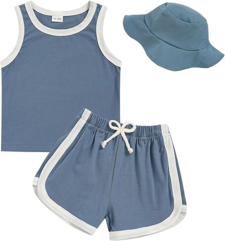 GRNSHTS Toddler Boy Girl 3 Piece Summer Outfit - Sleeveless Tank, Dolphin Shorts & Bucket Hat Set for Beach Playwear in Saudi Arabia