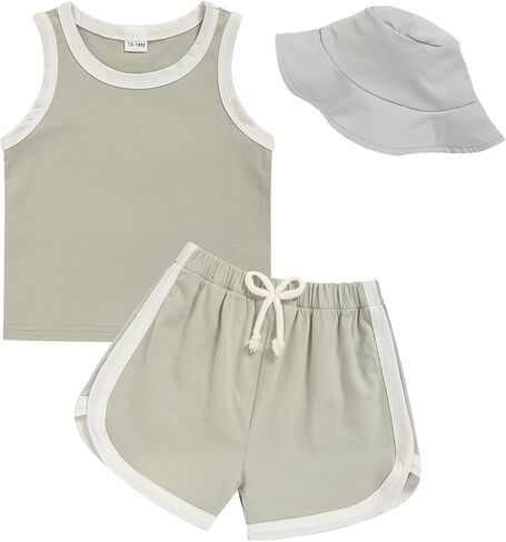 GRNSHTS Toddler Boy Girl 3 Piece Summer Outfit - Sleeveless Tank, Dolphin Shorts & Bucket Hat Set for Beach Playwear in Saudi Arabia