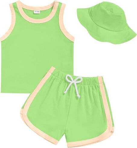 GRNSHTS Toddler Boy Girl 3 Piece Summer Outfit - Sleeveless Tank, Dolphin Shorts & Bucket Hat Set for Beach Playwear in Saudi Arabia