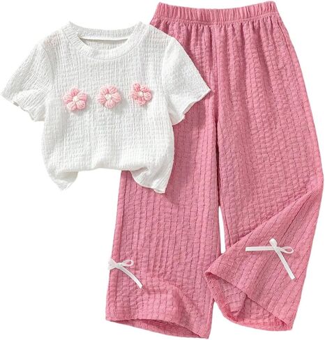 WDIRARA طفل فتاة لطيف 2 قطعة وتتسابق 3D الأزهار تي شيرت محكم مستقيم الساق السراويل مجموعة in Kuwait