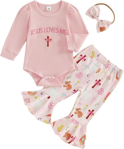 Newborn Easter Outfit Girl Jesus Love Me Cross Ribbed Romper Bell-Bottom Pants Sets Infant My 1st Easter day Outfits in Saudi Arabia