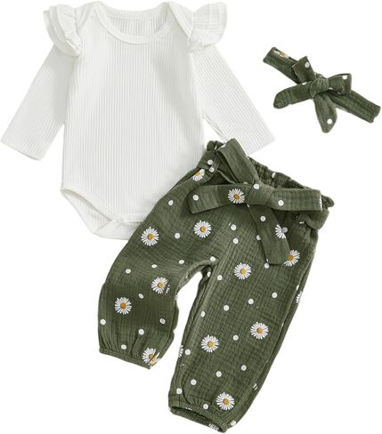 Kaipiclos Newborn Infant Girl Clothes Rib Knit Ruffles Long Sleeve Romper Daisy Pants Baby Clothes for Girls 0 3 6 12 18 24M in Saudi Arabia