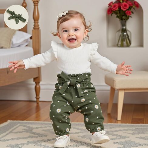 Kaipiclos Newborn Infant Girl Clothes Rib Knit Ruffles Long Sleeve Romper Daisy Pants Baby Clothes for Girls 0 3 6 12 18 24M in Saudi Arabia
