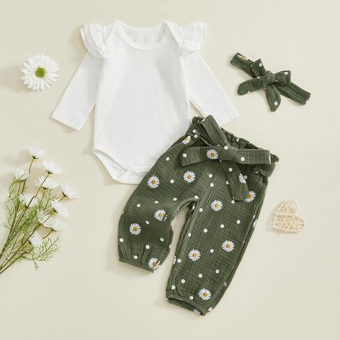 Kaipiclos Newborn Infant Girl Clothes Rib Knit Ruffles Long Sleeve Romper Daisy Pants Baby Clothes for Girls 0 3 6 12 18 24M in Saudi Arabia