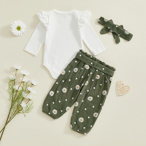 Kaipiclos Newborn Infant Girl Clothes Rib Knit Ruffles Long Sleeve Romper Daisy Pants Baby Clothes for Girls 0 3 6 12 18 24M in Saudi Arabia