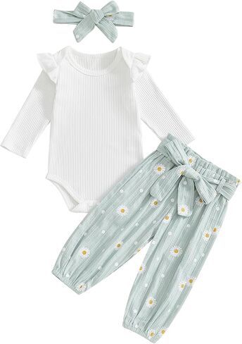 Kaipiclos Newborn Infant Girl Clothes Rib Knit Ruffles Long Sleeve Romper Daisy Pants Baby Clothes for Girls 0 3 6 12 18 24M in Saudi Arabia