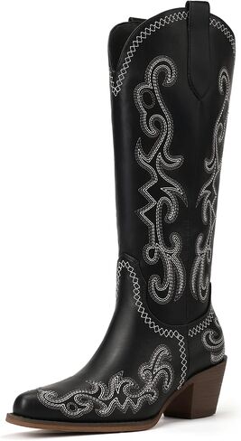 IDIFU IN2 Cowboy Boots for Women Western Cowgirl Knee High Long Boots Low Chunky Block Heel Pointed Toe Fashion Dressy Embroidered Wedding Country Concert Heeled Boots in Saudi Arabia