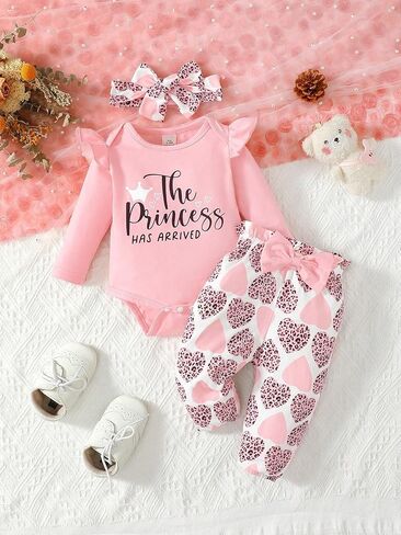 Baby Girl Heart Pants Set Long Sleeve Letter Print Bodysuit with Bow Pants and Headband Infant Clothes in Saudi Arabia