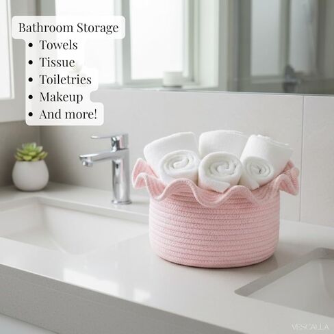 Scalloped Basket, Small Storage Baskets for Laundry Room, Bathroom, and Nursery - Woven Baskets for Decor, Round Woven Basket, Self Care Gifts, Machine Washable, Pink 10 x 7 x 6 inches in Kuwait