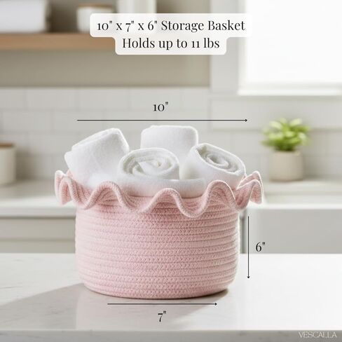 Scalloped Basket, Small Storage Baskets for Laundry Room, Bathroom, and Nursery - Woven Baskets for Decor, Round Woven Basket, Self Care Gifts, Machine Washable, Pink 10 x 7 x 6 inches in Kuwait