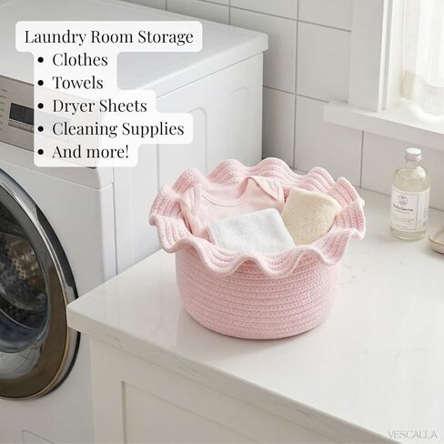 Scalloped Basket, Small Storage Baskets for Laundry Room, Bathroom, and Nursery - Woven Baskets for Decor, Round Woven Basket, Self Care Gifts, Machine Washable, Pink 10 x 7 x 6 inches in Kuwait