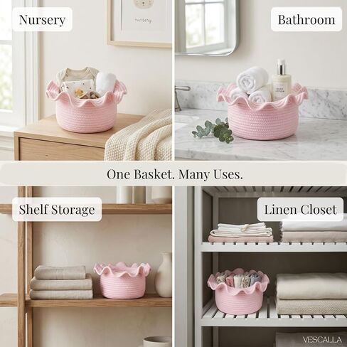 Scalloped Basket, Small Storage Baskets for Laundry Room, Bathroom, and Nursery - Woven Baskets for Decor, Round Woven Basket, Self Care Gifts, Machine Washable, Pink 10 x 7 x 6 inches in Kuwait