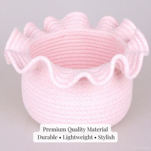 Scalloped Basket, Small Storage Baskets for Laundry Room, Bathroom, and Nursery - Woven Baskets for Decor, Round Woven Basket, Self Care Gifts, Machine Washable, Pink 10 x 7 x 6 inches in Kuwait