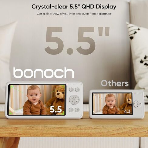 جهاز مراقبة الأطفال Bonoch 2K 5.5 بوصة بدون شبكة WiFi، جهاز مراقبة فيديو طويل المدى بطول 1600 قدم مع كاميرا وصوت، بطارية 240 ساعة، ضوضاء بيضاء، مقاومة للاختراق، رؤية ليلية، كشف ذكي لدوران البكاء/النوم/الحركة in Kuwait