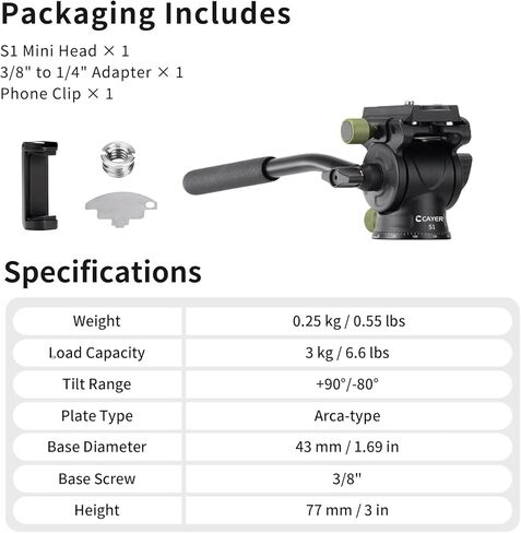 ​​Cayer Mini Fluid Video Head, Aluminum Tripod Head with Arca-Swiss Quick Release Plate and Handle, Max Load 3kg/6.6lbs for Mirrorless DSLR Cameras, Compact Camcorders​​​​, S1 Green in Kuwait