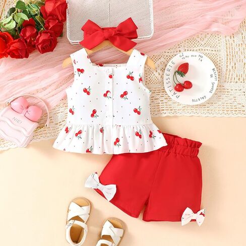 Baby Girls 2-Piece Outfit, Cherry Print Sleeveless Top 3D Bow Shorts, Skin-Friendly Summer Set for Newborn Toddler in Kuwait