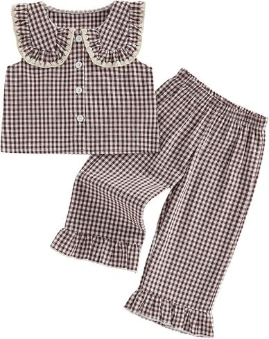 Eadrioss Toddler Baby Girl Summer Clothes Sleeveless Doll Collar Plaid Vest Tops And Elastic Waist Pants Gingham Outfits in Kuwait