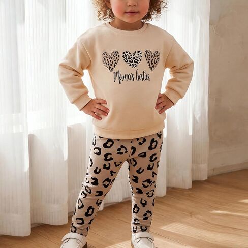 Girls Leopard Print Outfit Set Heart Sweatshirt and Leggings 2Pcs Long Sleeve Top Soft Casual Wear Fall Winter in Kuwait