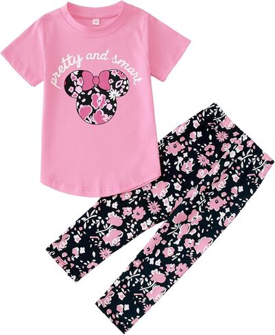CM C&M WODRO Toddler Kid Girl Summer Clothes Short Sleeve Letter Print Graphic T-Shirt Floral Pants Cute Spring Summer Outfit in Kuwait