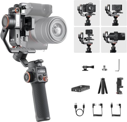 Hohem iSteady MT3 Gimbal Stabilizer للكاميرا، 4 في 1 3 محاور Gimbal للكاميرا عديمة المرآة/المدمجة/كاميرا الحركة/الهاتف الذكي، شاشة OLED، جهاز تعقب AI مدمج مع ضوء ملء، حمولة 3.1ib كحد أقصى in Kuwait