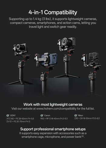 Hohem iSteady MT3 Gimbal Stabilizer للكاميرا، 4 في 1 3 محاور Gimbal للكاميرا عديمة المرآة/المدمجة/كاميرا الحركة/الهاتف الذكي، شاشة OLED، جهاز تعقب AI مدمج مع ضوء ملء، حمولة 3.1ib كحد أقصى in Kuwait