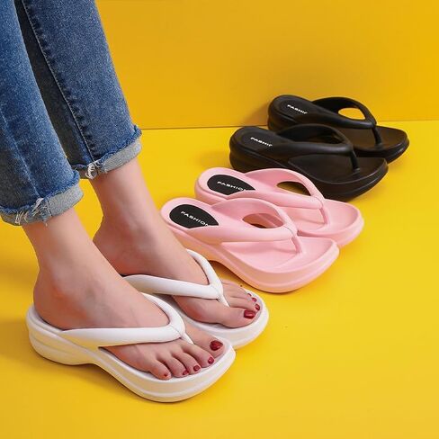 Women's Platform Thong Flip Flops High Heel Wedge Beach Sandals Comfort Soft Sole Summer Pool Slides Black in Kuwait