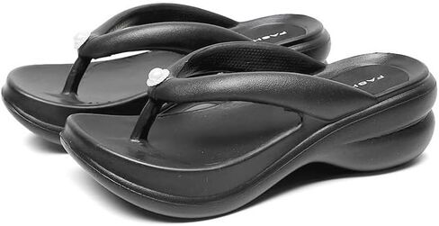Women's Platform Thong Flip Flops High Heel Wedge Beach Sandals Comfort Soft Sole Summer Pool Slides Black in Kuwait