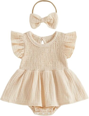 Baby Girl Clothes Smocked Romper Dress Flutter Sleeve Jumpsuit with Headband Cute Newborn Girls Summer Outfit in Kuwait