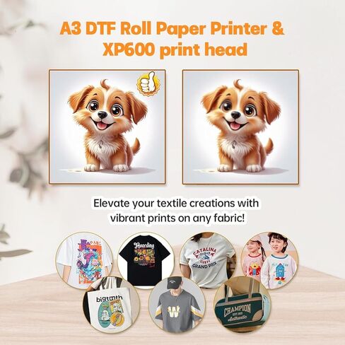 A3 DTF Printer with Roll Feeder, XP600 Print Head 5760×1440DPI, Built-in White Ink Circulation & Stirring System, High Speed Printing for T-Shirts & Fabrics (Max Width:13") in Kuwait