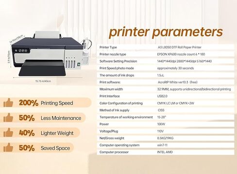 A3 DTF Printer with Roll Feeder, XP600 Print Head 5760×1440DPI, Built-in White Ink Circulation & Stirring System, High Speed Printing for T-Shirts & Fabrics (Max Width:13") in Kuwait