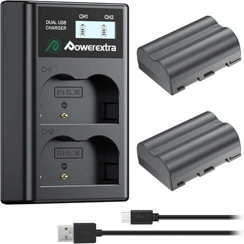 EN-EL3E Powerextra 2 x Battery & Dual LCD Charger Compatible with Nikon EN-EL3E Nikon D50, D70, D70s, D80, D90, D100, D200, D300, D300S, D700 Digital SLR Cameras in Kuwait