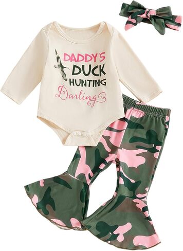 Baby Girl Hunting Clothes Duck Hunting Bodysuit Camo Flared Pants Headband Cute 3Pcs Newborn Going Home Outfit Fall in Kuwait