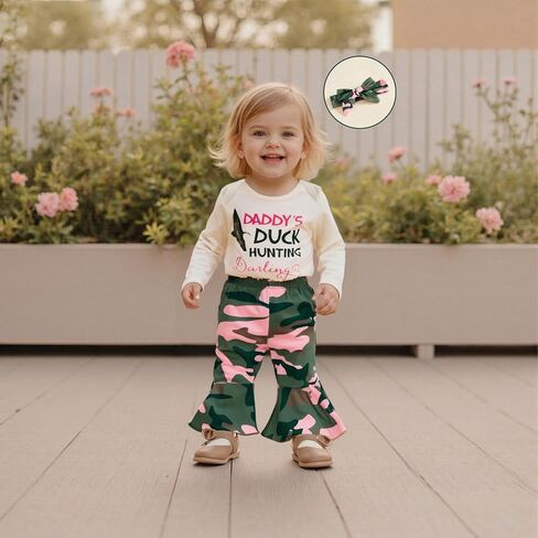 Baby Girl Hunting Clothes Duck Hunting Bodysuit Camo Flared Pants Headband Cute 3Pcs Newborn Going Home Outfit Fall in Kuwait