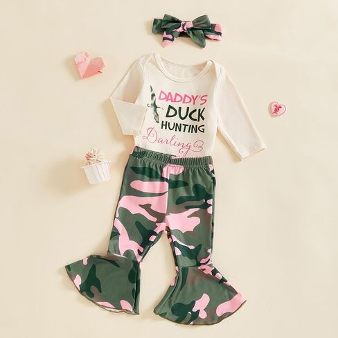 Baby Girl Hunting Clothes Duck Hunting Bodysuit Camo Flared Pants Headband Cute 3Pcs Newborn Going Home Outfit Fall in Kuwait