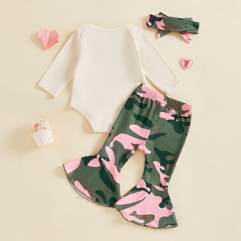 Baby Girl Hunting Clothes Duck Hunting Bodysuit Camo Flared Pants Headband Cute 3Pcs Newborn Going Home Outfit Fall in Kuwait