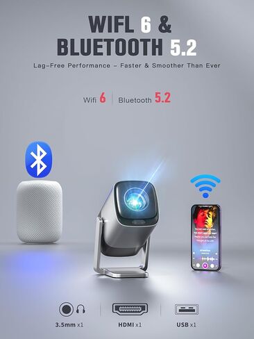 [Compatible with Netflix & TOF Real-time Focus] Mini Projector with WiFi and Bluetooth, XuanPad Silver Smart Projector 4K Support, Dolby Audio & Keystone, 210° Rotatable Stand for Home in Kuwait