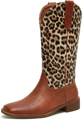 iiimmu Cowgirl Boots Mid Calf Boots Square Toe Chunky Low Heel Leopard Print Western with Embroidered Design in Kuwait