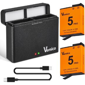 طقم شاحن بطارية Vemico Osmo Action 6 مكون من قطعتين 2100 مللي أمبير في الساعة Action 5 Pro بطاريات Type-C شاحن مزدوج الفتحة متوافق مع DJI OSMO 360 وAction 6/Action 5 Pro/Action 4/Action 3 in Kuwait