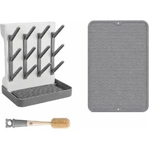 Baby Bottle Drying Rack with Drain Mat & Cleaning Brush– Vertical Countertop Organizer with 12 Hooks, Removable Pacifier Box, Drip Tray for Bottles, Pump Parts & Straw Accessories in Kuwait