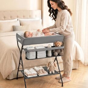 INFANS Baby Changing Table, Folding Diaper Station Portable Nursery Organizer with Safety Belt and Large Storage Racks for Newborn Baby and Infant (Black) in Saudi Arabia