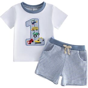 Baby Boy First Birthday Outfit Letter T Shirt Shorts Set Summer Clothes | Cotton Blend, Car Embroidery, Striped, Crewneck, Short Sleeve, Two Pockets, suitable for 1st Birthday Party, 6-18 Months in Saudi Arabia