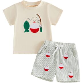 Toddler Baby Boy Fishing Outfit Short Sleeve T-Shirt & Shorts Set Fish Lure Embroidery 2Pcs Summer Clothes in Kuwait