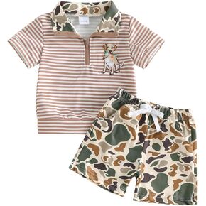Toddler Baby Boy Hunting Outfit Mallard Duck Jungle Camouflage Short Sleeve Zipper Tops Shorts Set Summer Clothes in Saudi Arabia