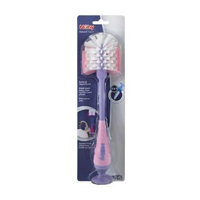 Nuby 2-in-1 Bottle and Nipple Cleaning Brush with Suction Base, Pink/Purple in Kuwait