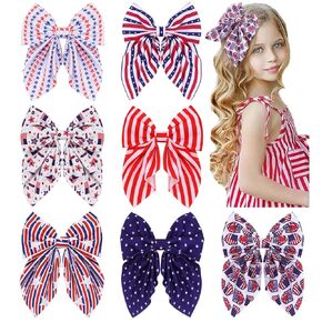 4th of July Hair Bows for Girls, Large Patriotic Fable Bow Handmade American Flag Hair Clips Independence Day Hair Accessories for Little Girls Toddlers Kids (Pattern A) in Kuwait