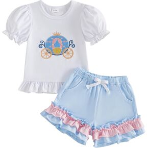 Toddler Baby Girl Summer Clothes Bow Castle T-Shirt Top Plaid Gingham Ruffle Shorts Set Infant Cake Smash Outfit in Kuwait