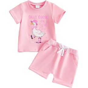 Toddler Baby Girl Summer Outfit Silly Goose Print Short Sleeve T-shirt Pocket Shorts 2pcs Casual Clothes Set in Saudi Arabia