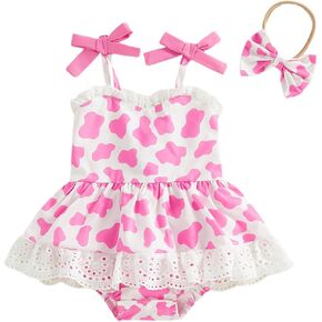 Infant Baby Girls Western Cowgirl Romper Cow Print Sleeveless Straps Ruffle Dress Bodysuit with Headband in Kuwait